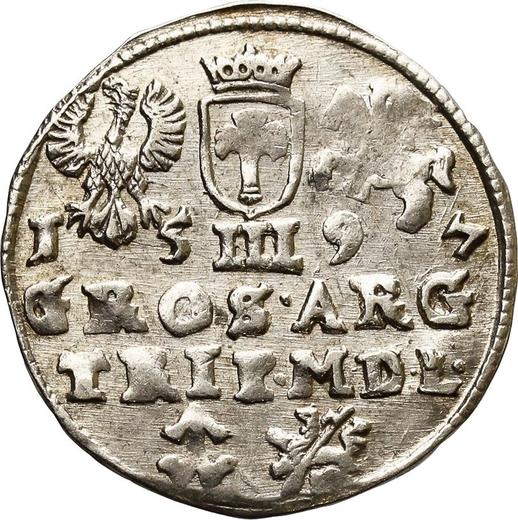 Реверс монеты - Трояк (3 гроша) 1597 года "Литва" Дата вверху - цена серебряной монеты - Польша, Сигизмунд III Ваза