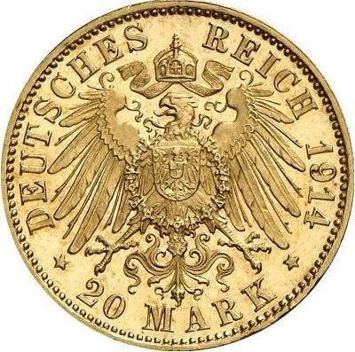 Reverso 20 marcos 1914 D "Sajonia-Meiningen" - valor de la moneda de oro - Alemania, Imperio alemán