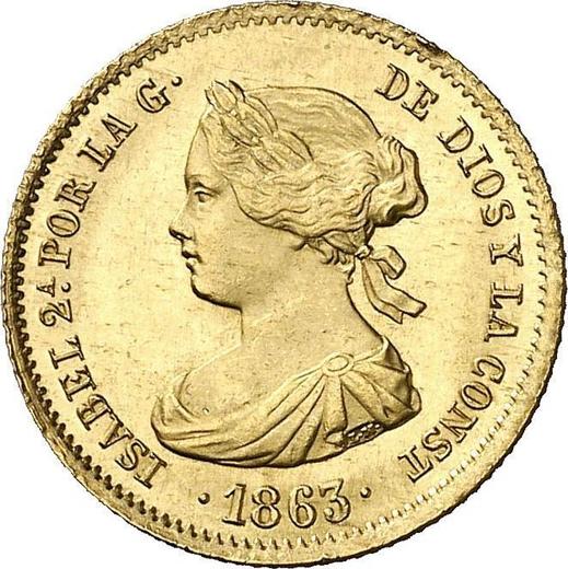 Аверс монеты - 40 реалов 1863 года Шестиконечные звёзды - цена золотой монеты - Испания, Изабелла II