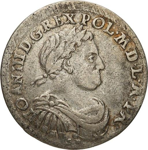 Аверс монеты - Орт (18 грошей) 1677 года SB "Щит прямой" Номинал 8-1 - цена серебряной монеты - Польша, Ян III Собеский