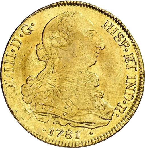 Obverse 8 Escudos 1781 So DA - Chile, Charles III