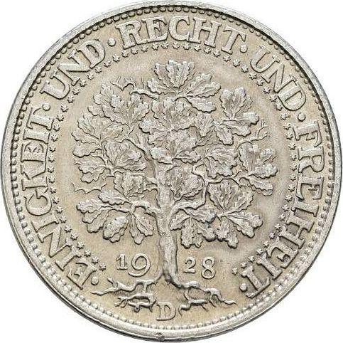 Реверс монеты - 5 рейхсмарок 1928 года D "Дуб" - цена серебряной монеты - Германия, Bеймарская республика