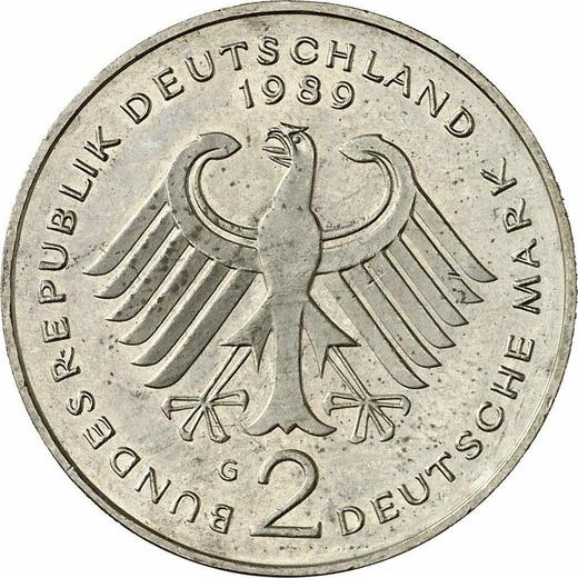 Reverso 2 marcos 1989 G "Ludwig Erhard" - valor de la moneda  - Alemania, RFA