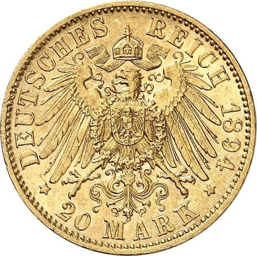 Реверс монеты - 20 марок 1894 года E "Саксония" - цена золотой монеты - Германия, Германская Империя