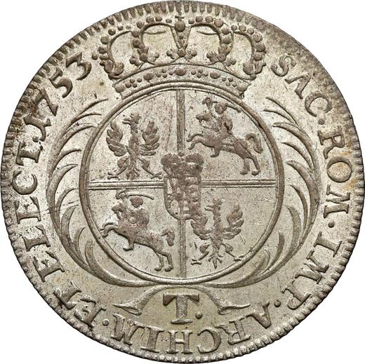 Reverso Tymf (18 groszy) 1753 "de corona" - valor de la moneda de plata - Polonia, Augusto III