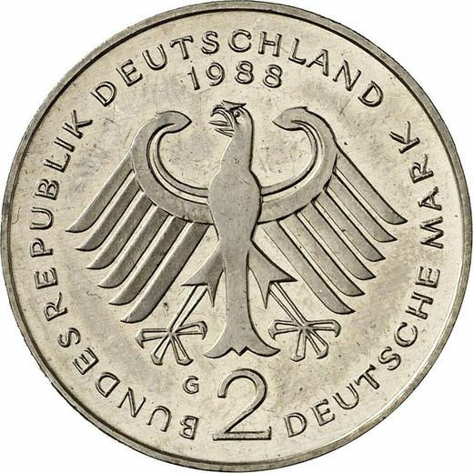 Reverso 2 marcos 1988 G "Kurt Schumacher" - valor de la moneda  - Alemania, RFA