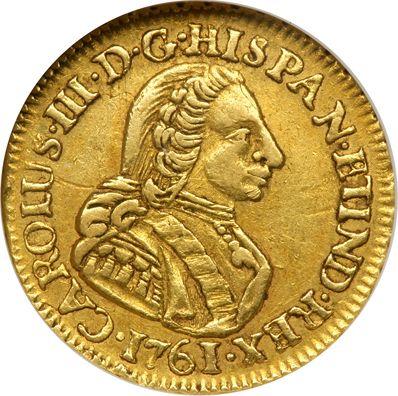 Awers monety - 1 escudo 1761 LM JM - cena złotej monety - Peru, Karol III