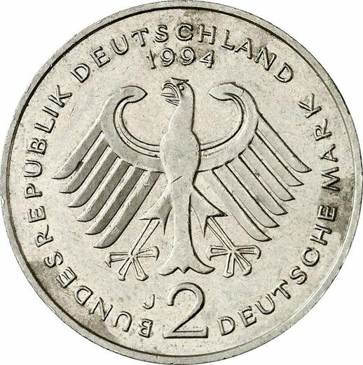 Reverse 2 Mark 1994 J "Ludwig Erhard" -  Coin Value - Germany, FRG