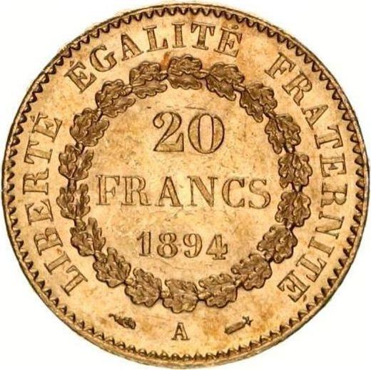 Реверс монеты - 20 франков 1894 года A "Тип 1871-1898" Париж - цена золотой монеты - Франция, Третья республика