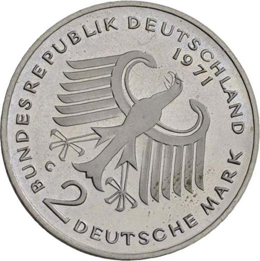 Реверс монеты - 2 марки 1970-1987 года "Теодор Хойс" Поворот штемпеля - цена  монеты - Германия, ФРГ