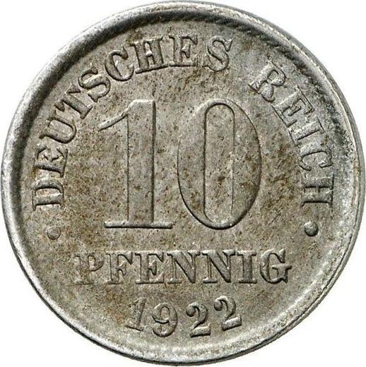 Аверс монеты - 10 пфеннигов 1922 года "Тип 1916-1922" Без знака монетного двора - цена  монеты - Германия, Германская Империя