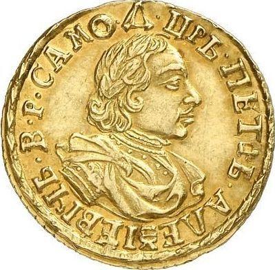 Awers monety - 2 ruble 1718 L "Portret w zbroi" "САМОД." / "М. НОВА." Data podzielona - cena złotej monety - Rosja, Piotr I Wielki