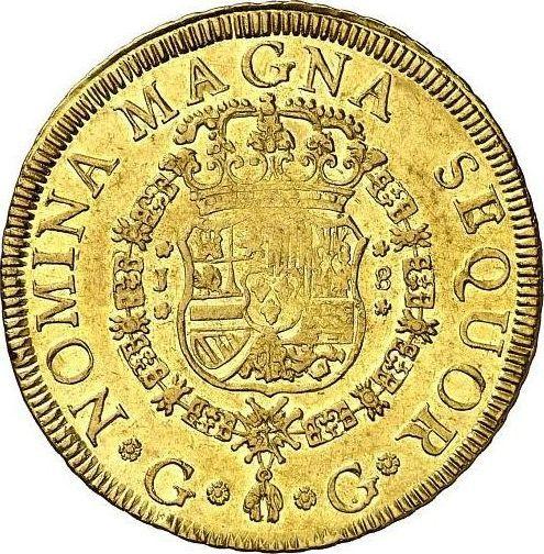 Реверс монеты - 8 эскудо 1757 года G J - цена золотой монеты - Гватемала, Фердинанд VI