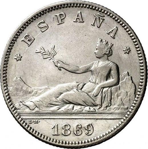 Аверс монеты - 2 песеты 1869 года SNM - цена серебряной монеты - Испания, Временное правительство