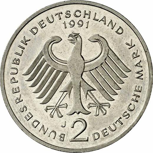Reverse 2 Mark 1991 J "Kurt Schumacher" -  Coin Value - Germany, FRG