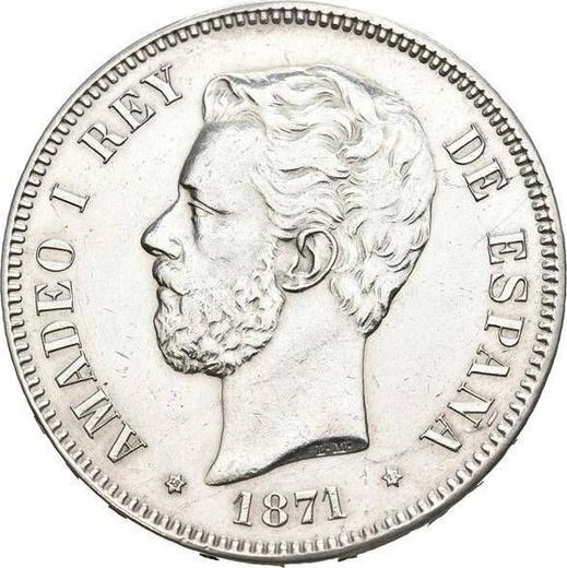Аверс монеты - 5 песет 1871 года SDM - цена серебряной монеты - Испания, Амадей I