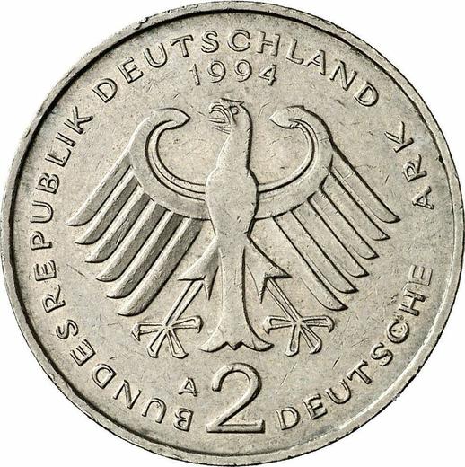 Reverse 2 Mark 1994 A "Willy Brandt" -  Coin Value - Germany, FRG