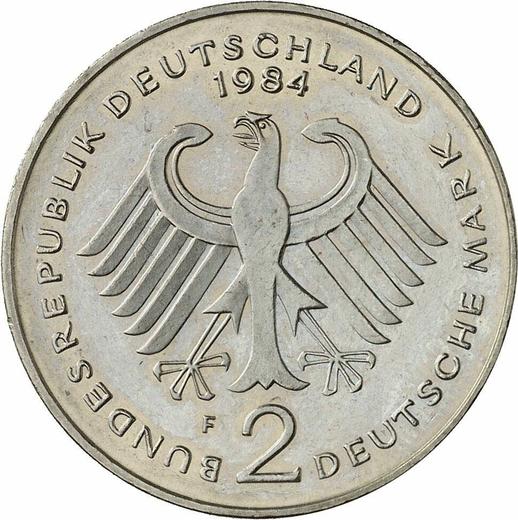 Reverse 2 Mark 1984 F "Konrad Adenauer" -  Coin Value - Germany, FRG
