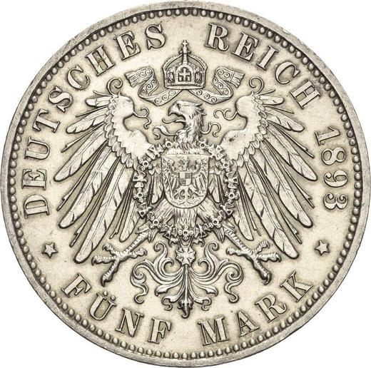 Реверс монеты - 5 марок 1893 года E "Саксония" - цена серебряной монеты - Германия, Германская Империя