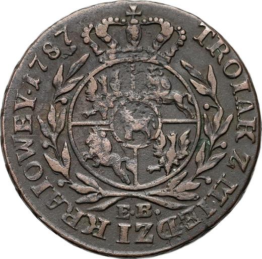 Reverso Trojak (3 groszy) 1787 EB "Z MIEDZI KRAIOWEY" - valor de la moneda  - Polonia, Estanislao II Poniatowski