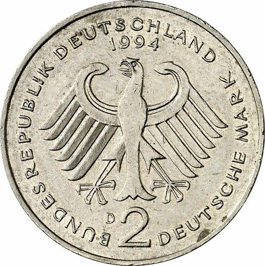 Reverse 2 Mark 1994 D "Franz Josef Strauss" -  Coin Value - Germany, FRG