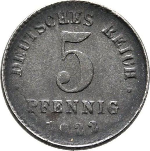 Аверс монеты - 5 пфеннигов 1922 года J - цена  монеты - Германия, Германская Империя