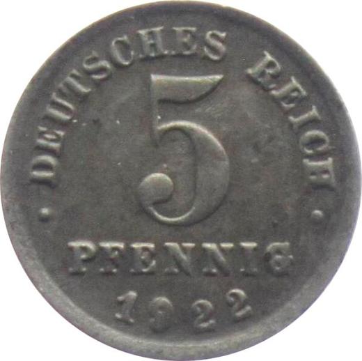 Аверс монеты - 5 пфеннигов 1922 года F - цена  монеты - Германия, Германская Империя