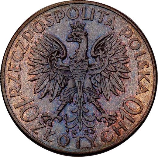 Аверс монеты - Пробные 10 злотых 1933 года "Полония" Бронза - цена  монеты - Польша, II Республика