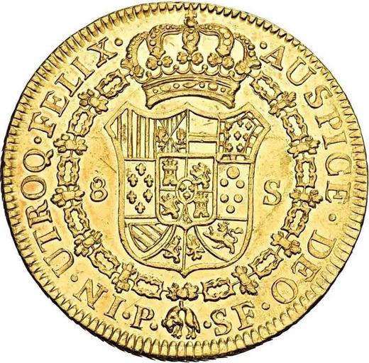 Реверс монеты - 8 эскудо 1783 года P SF - цена золотой монеты - Колумбия, Карл III