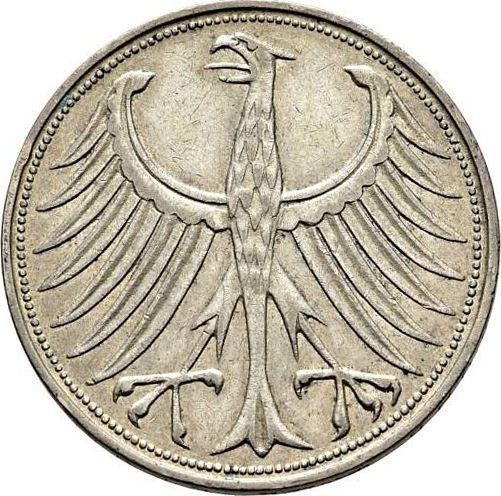 Rewers monety - 5 marek 1957 J Rant (GRÜSS DICH DEUTSCHLAND AUS HERZENSGRUND) - cena srebrnej monety - Niemcy, RFN