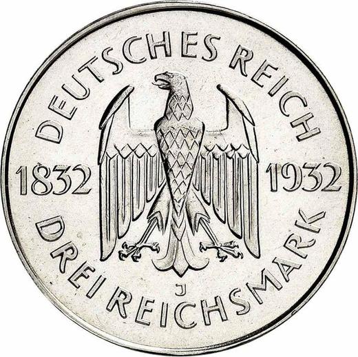 Аверс монеты - 3 рейхсмарки 1932 года J "Гёте" - цена серебряной монеты - Германия, Bеймарская республика
