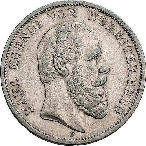 Аверс монеты - 5 марок 1875 года F "Вюртемберг" - цена серебряной монеты - Германия, Германская Империя