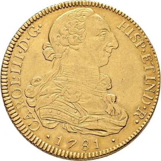 Awers monety - 8 escudo 1781 NG P - cena złotej monety - Gwatemala, Karol III