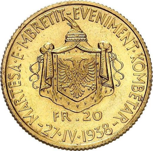 Reverso 20 franga ari 1938 R "Boda" - valor de la moneda de oro - Albania, Zog I