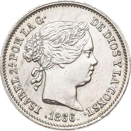 Аверс монеты - 10 сентимо эскудо 1866 года Семиконечные звёзды - цена серебряной монеты - Испания, Изабелла II