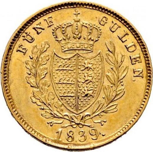 Реверс монеты - 5 гульденов 1839 года W - цена золотой монеты - Вюртемберг, Вильгельм I