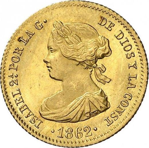 Аверс монеты - 40 реалов 1862 года - цена золотой монеты - Испания, Изабелла II