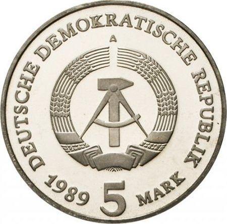 Reverso 5 marcos 1989 A "La Puerta de Brandeburgo" - valor de la moneda  - Alemania, República Democrática Alemana (RDA)