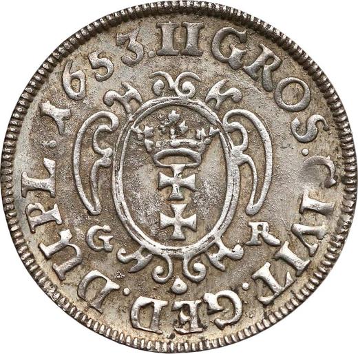 Аверс монеты - Двугрош (2 гроша) 1653 года GR "Гданьск" Односторонний оттиск реверса - цена серебряной монеты - Польша, Ян II Казимир