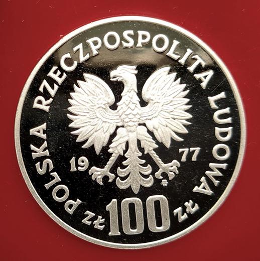 Реверс монеты - Пробные 100 злотых 1977 года MW "Генрик Сенкевич" Серебро - цена серебряной монеты - Польша, Народная Республика