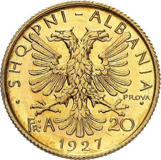 Реверс монеты - Пробные 20 франга ари 1927 года R PROVA - цена золотой монеты - Албания, Ахмет Зогу