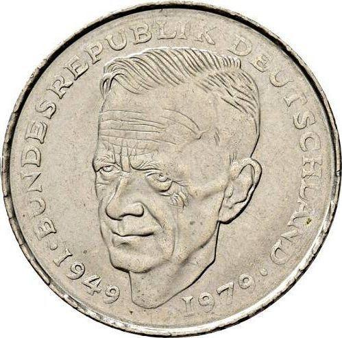Аверс монеты - 2 марки 1979-1993 года "Курт Шумахер" Малый вес - цена  монеты - Германия, ФРГ