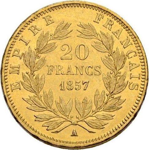 Reverso 20 francos 1857 A "Tipo 1853-1860" París - valor de la moneda de oro - Francia, Napoleón III Bonaparte