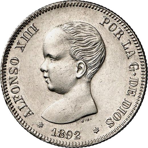 Аверс монеты - 2 песеты 1892 года PGM - цена серебряной монеты - Испания, Альфонсо XIII
