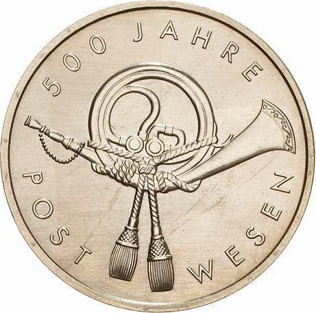 Аверс монеты - Пробные 5 марок 1990 года A "500 лет почте" Почтовый рожок - цена  монеты - Германия, ГДР