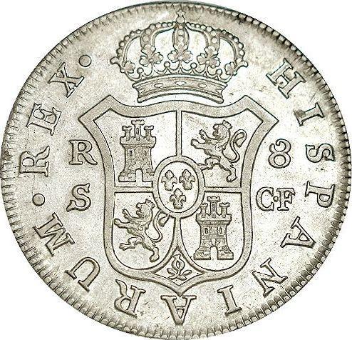Реверс монеты - 8 реалов 1775 года S CF - цена серебряной монеты - Испания, Карл III