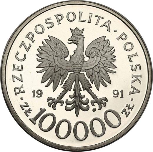 Аверс монеты - 100000 злотых 1991 года MW BCH "Майор Хенрик Добжаньский "Хубал"" - цена серебряной монеты - Польша, III Республика до деноминации