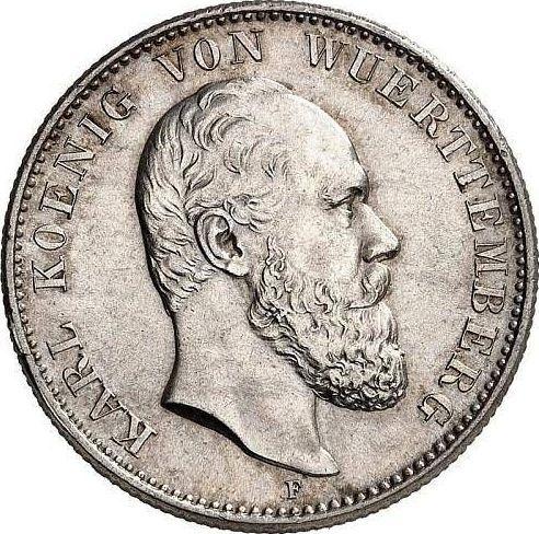 Аверс монеты - 2 марки 1876 года F "Вюртемберг" - цена серебряной монеты - Германия, Германская Империя