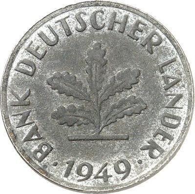 Реверс монеты - 10 пфеннигов 1949 года "Bank deutscher Länder" Без покрытия - цена  монеты - Германия, ФРГ