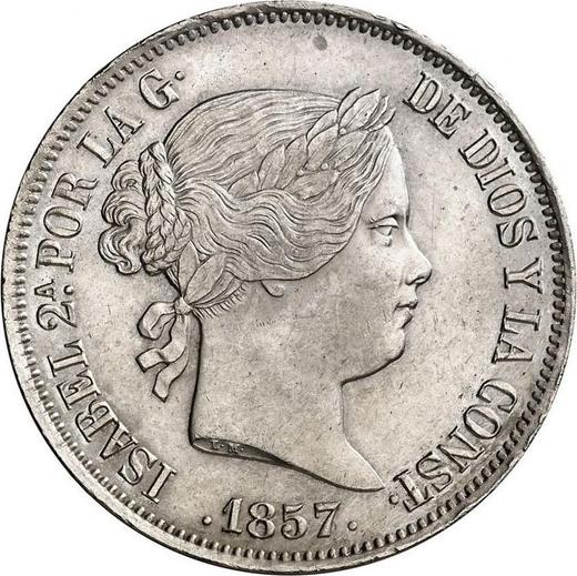 Аверс монеты - 20 реалов 1857 года Шестиконечные звёзды - цена серебряной монеты - Испания, Изабелла II